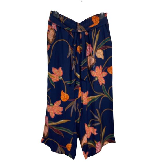 LOFT Floral Blue Orange Red Lightweight Wide Leg Capri Pants Petites XSP - Picture 2 of 9